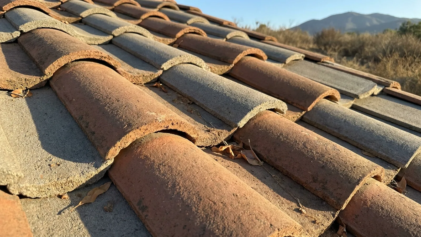 Close-up of a Pacific Roofing technician tracing a leak under lifted tile on a La Habra roof